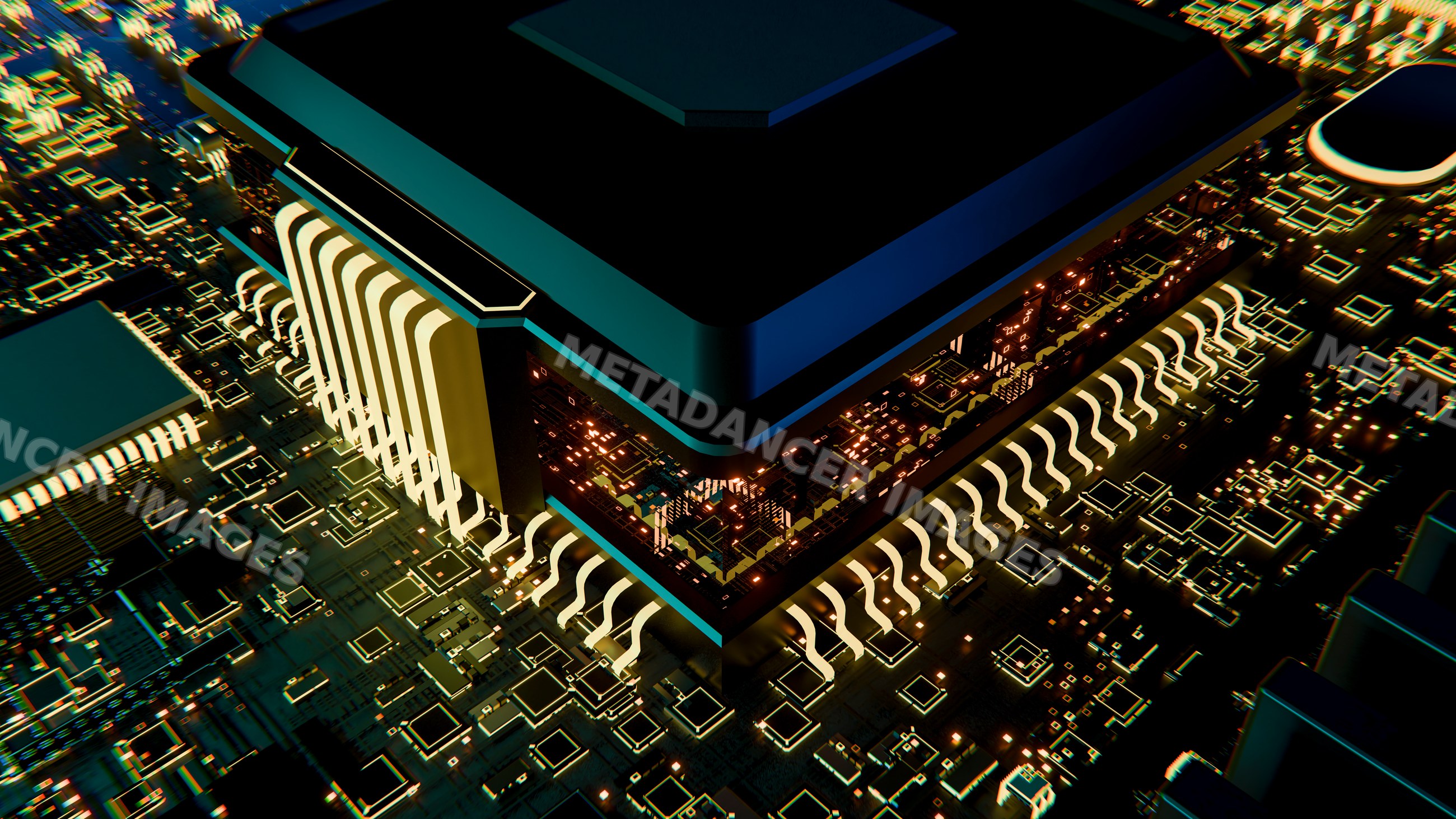 3d render of computer chip with glowing circuit board components