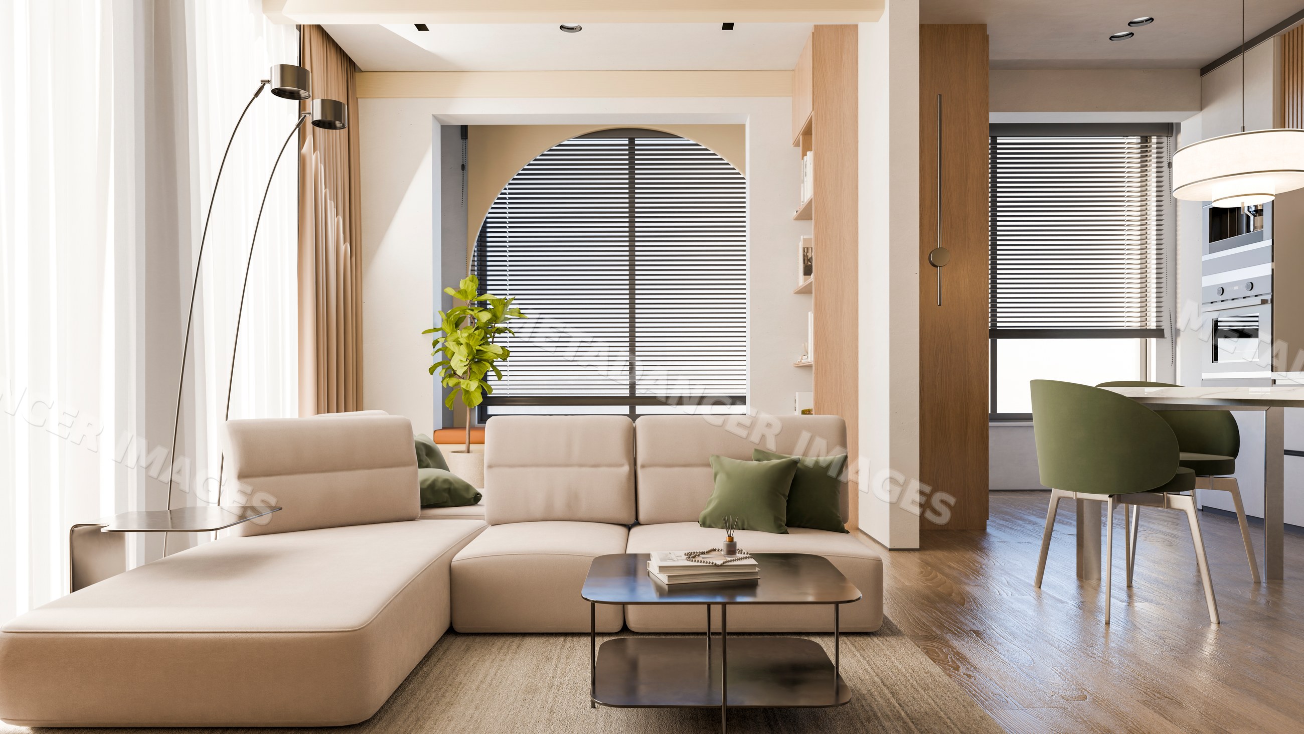Modern living room with beige sectional sofa and green pillows