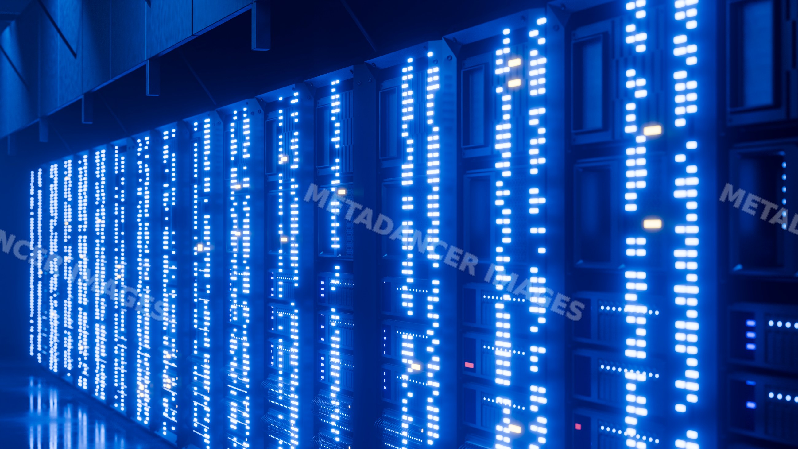 Rows of server racks with blue led indicators in data center