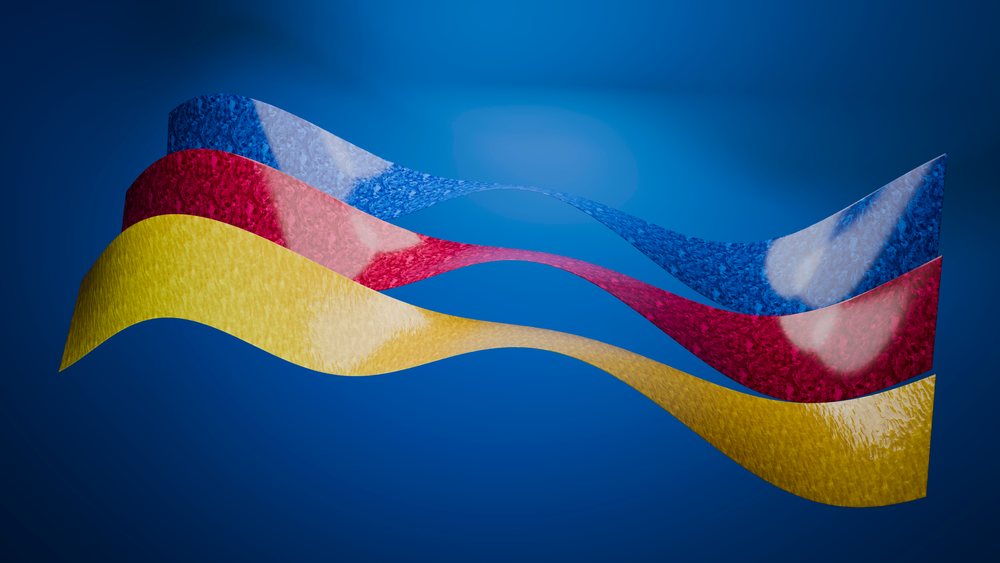 Abstract wavy blue, red, and yellow ribbons in digital 3d illustration