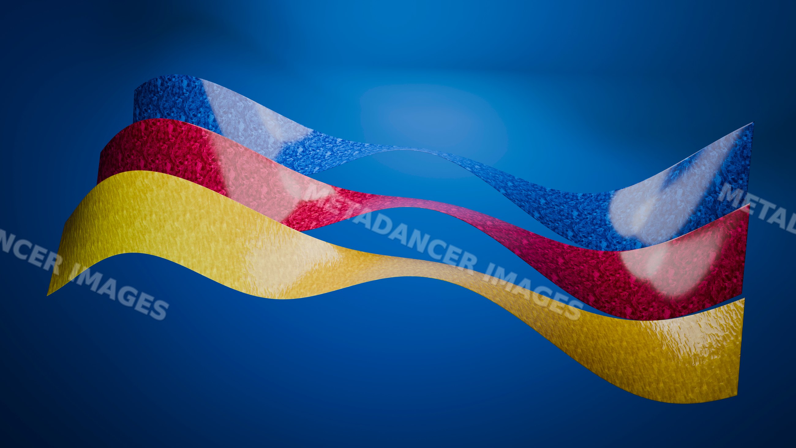 Abstract wavy blue, red, and yellow ribbons in digital 3d illustration