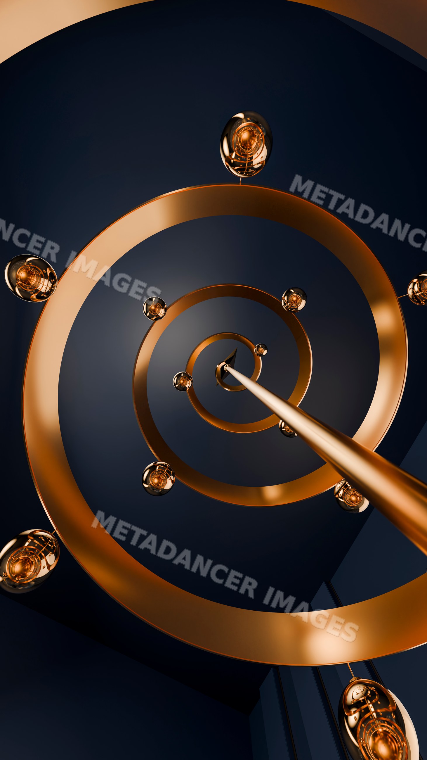 Modern spiral chandelier with gold rings and metallic spheres