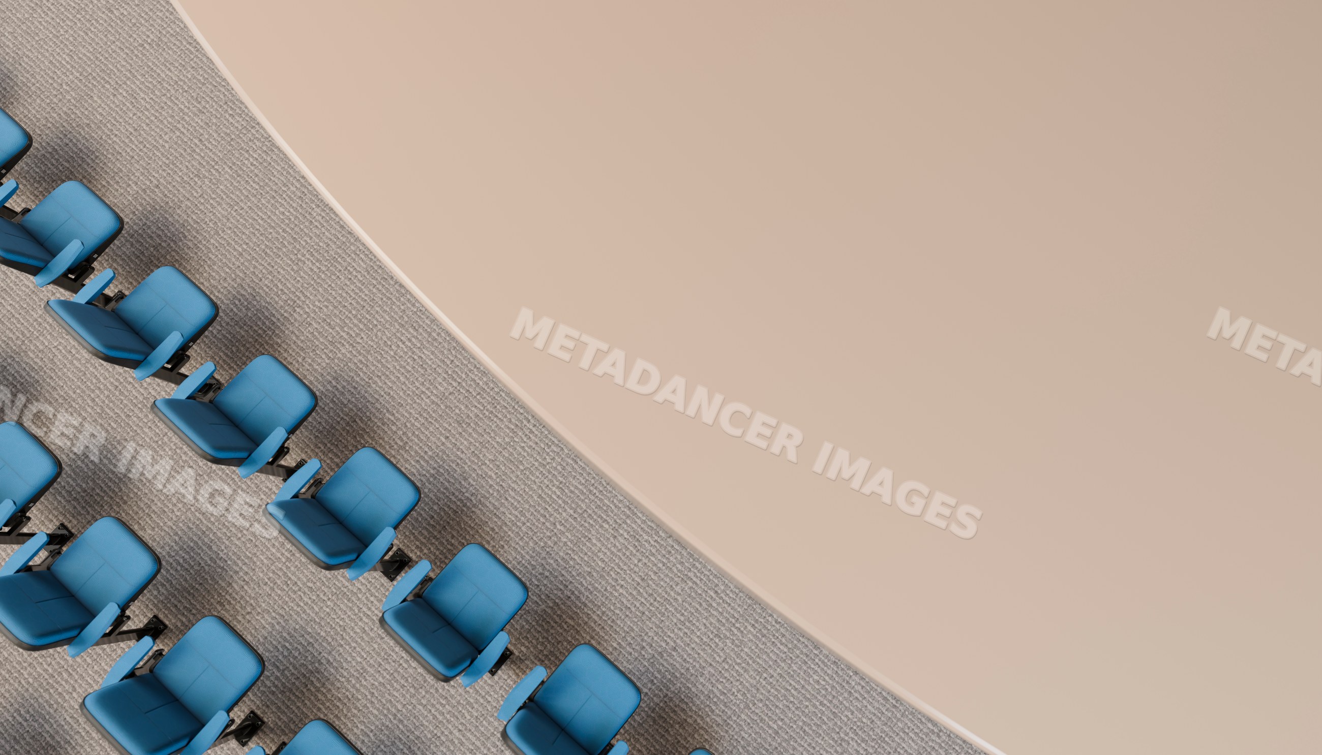 Blue chairs arranged in rows inside modern conference room