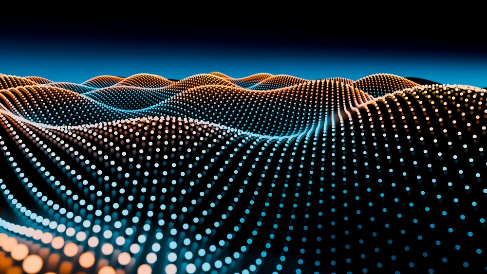 Abstract digital wave with flowing grid of orange and blue dots