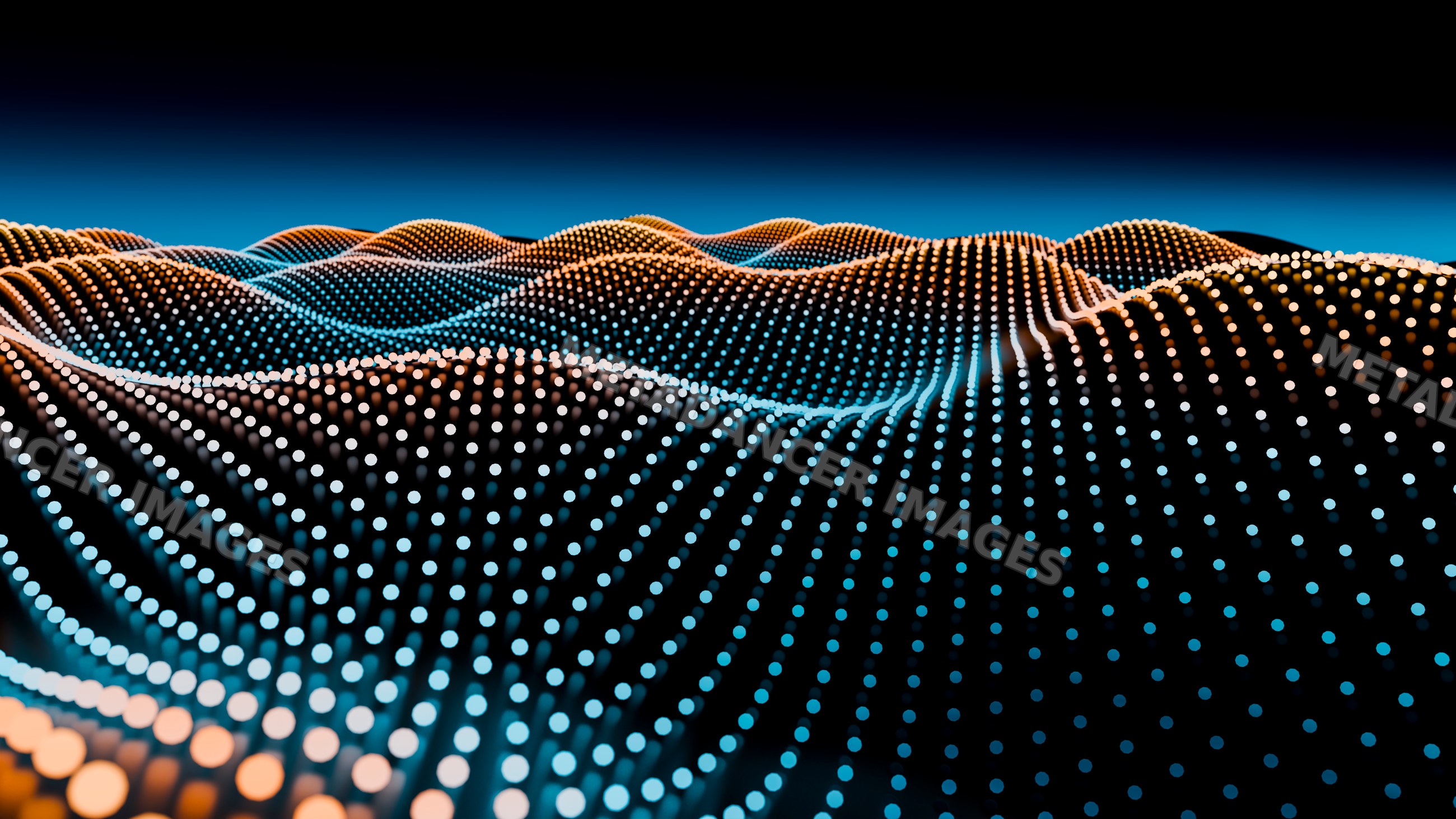 Abstract digital wave with flowing grid of orange and blue dots