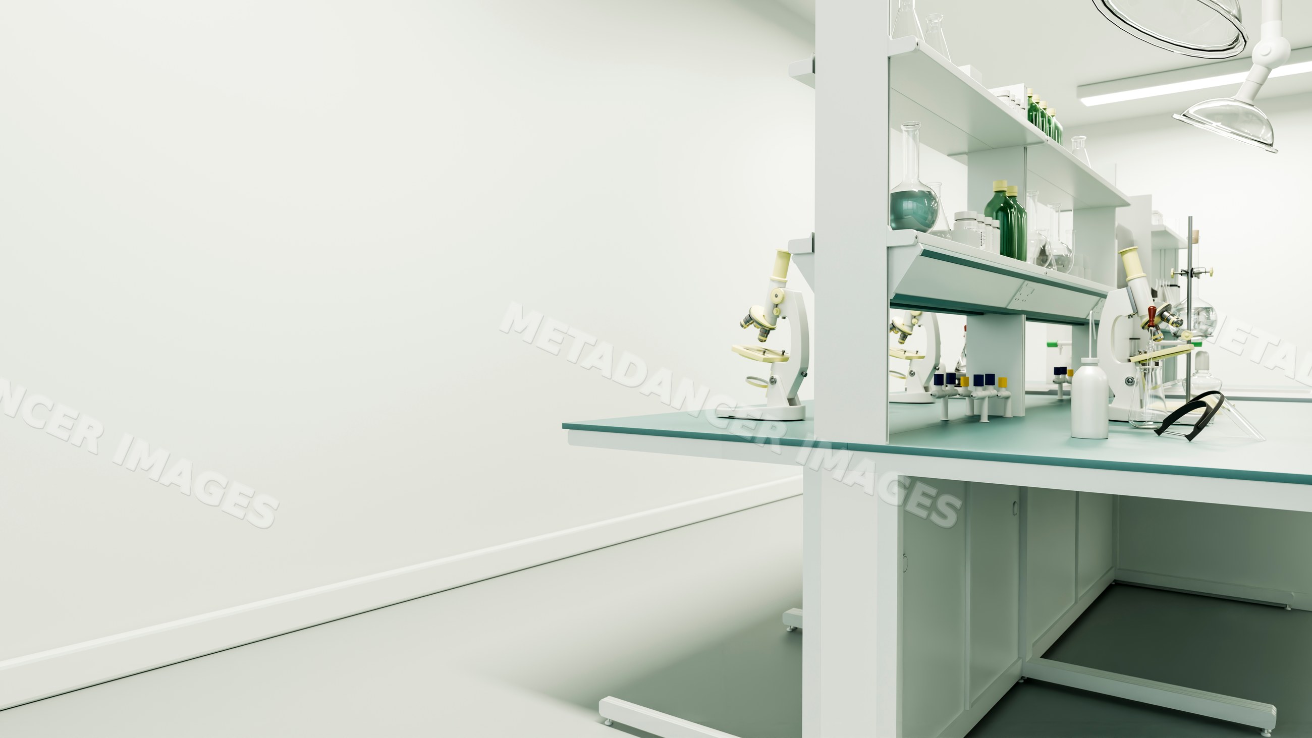 Laboratory microscopes and glass bottles on white lab bench