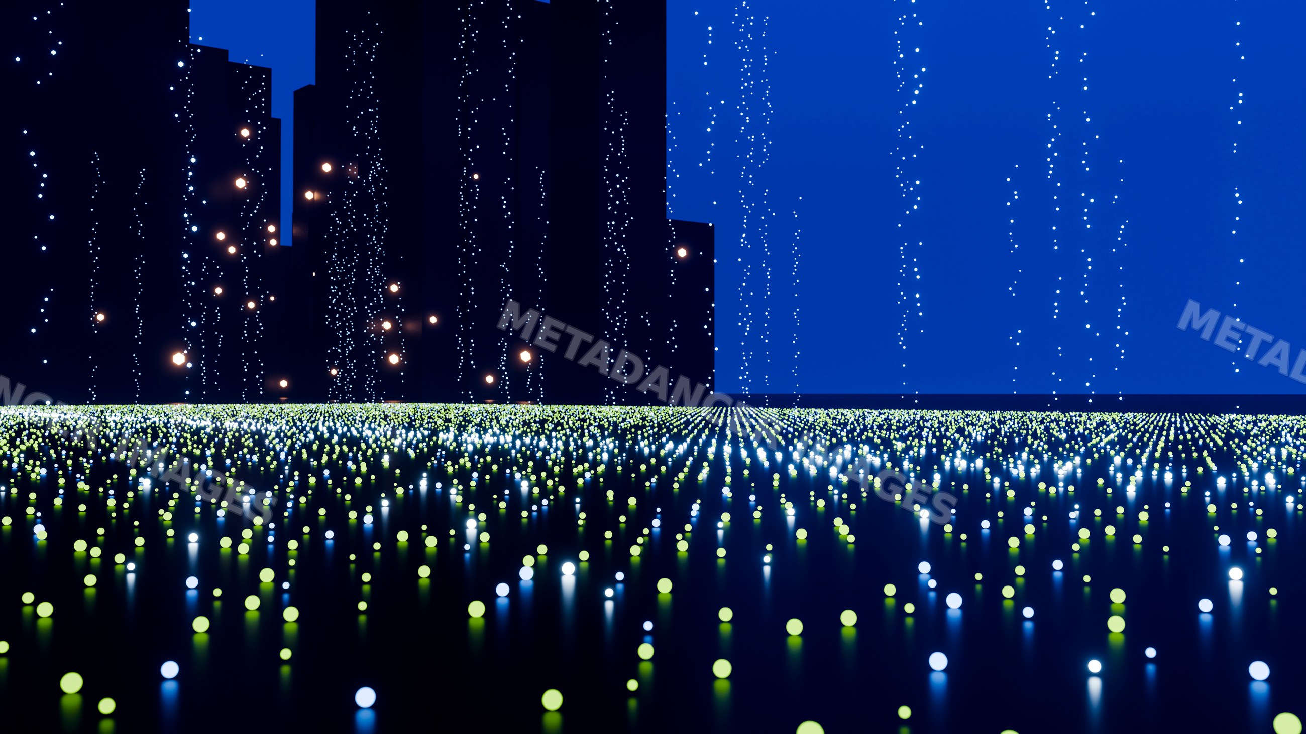Digital art of glowing blue and green lights with vertical streams