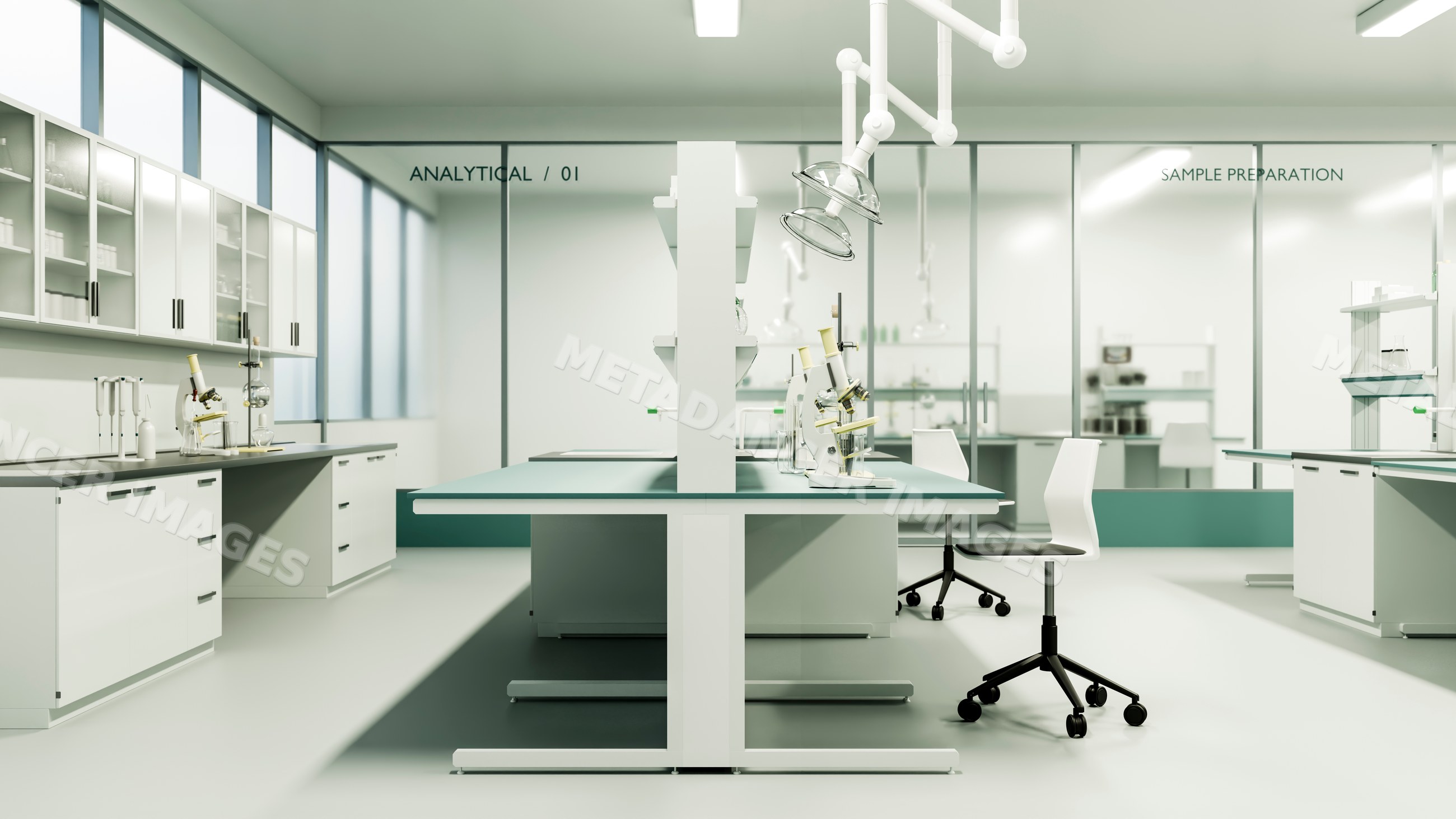 Modern laboratory featuring microscopes and research equipment