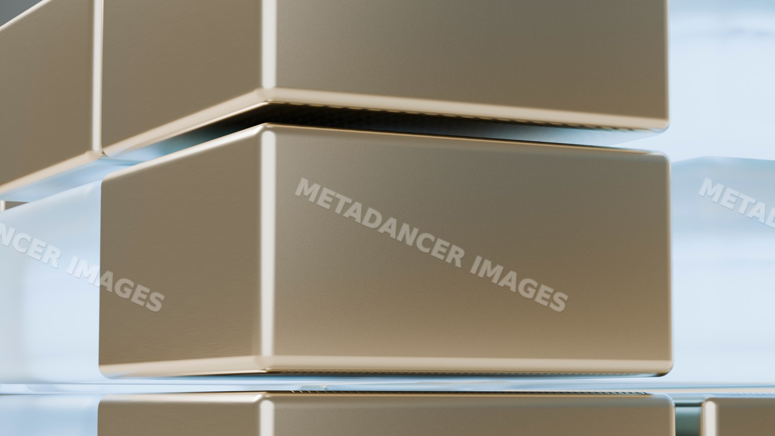 Stacked reflective metallic golden blocks in digital 3d illustration