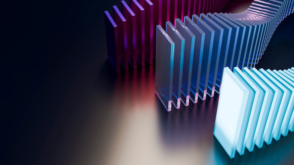 Abstract domino effect of blue and purple glass panels
