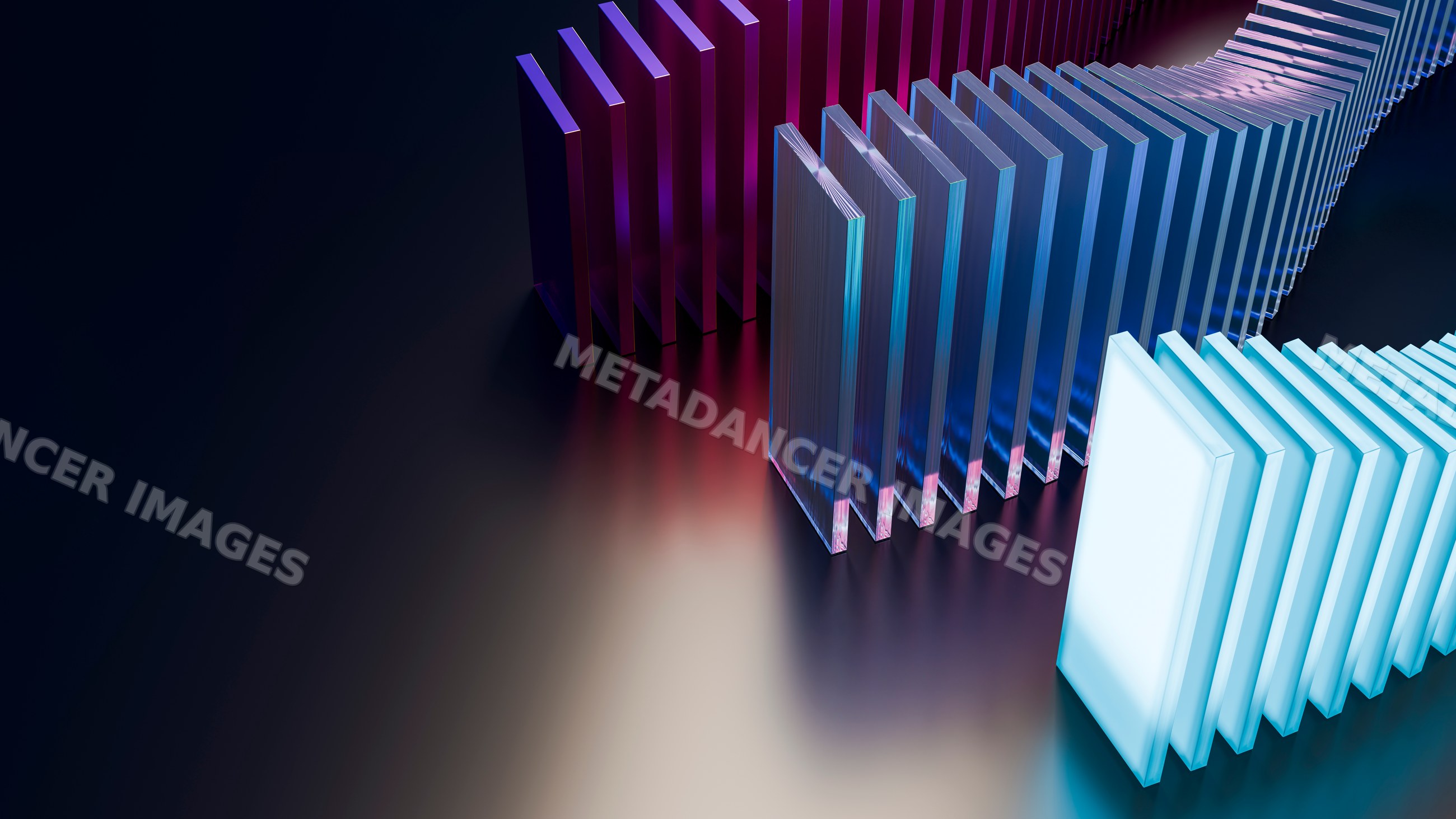 Abstract domino effect of blue and purple glass panels