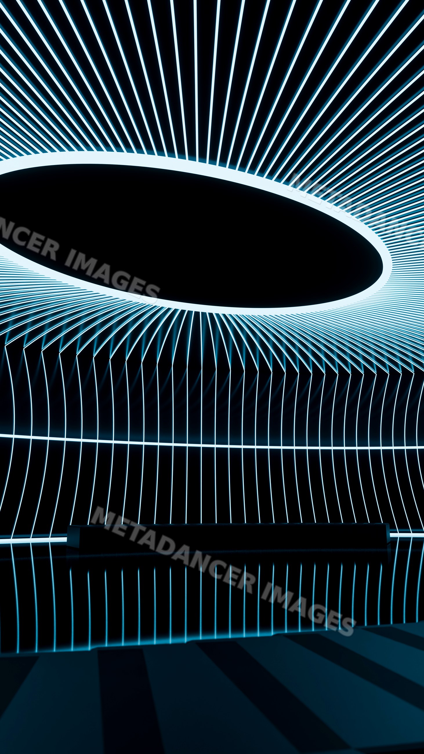 Futuristic light installation with glowing blue neon strips