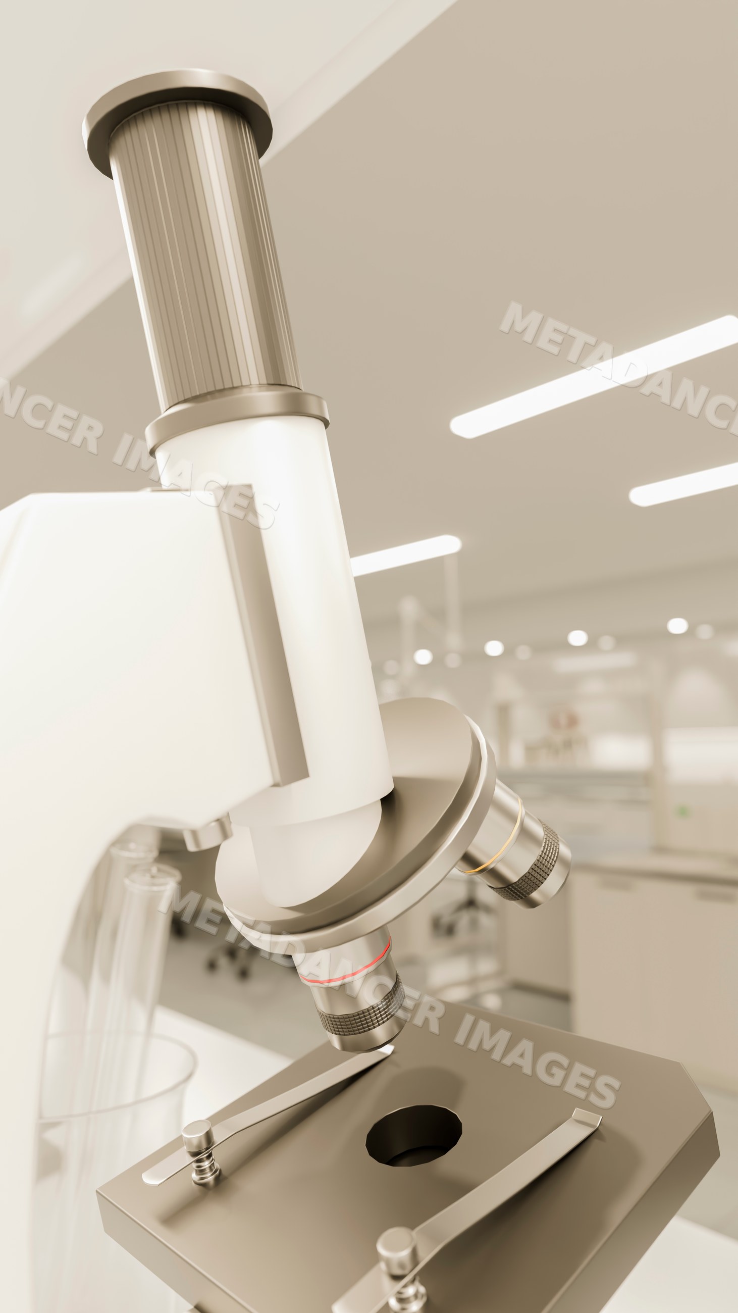 Microscope with objective lenses in laboratory environment