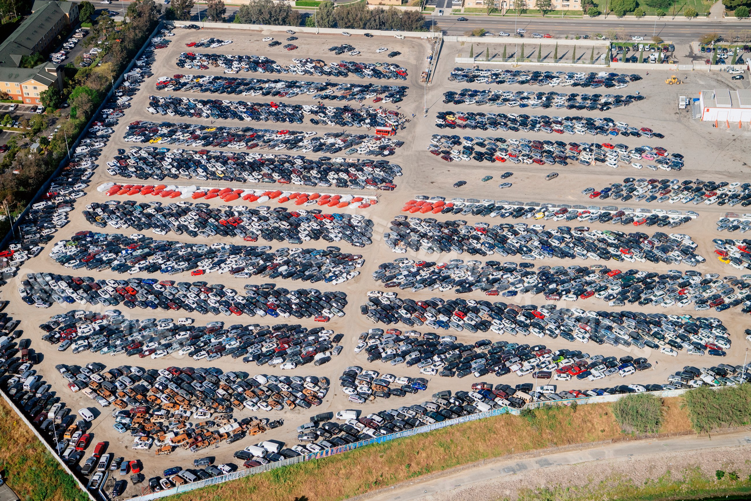 Aerial view of car parking lot at a port in long beach ca USA