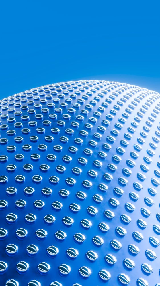 Curved blue metallic surface with reflective circular bumps