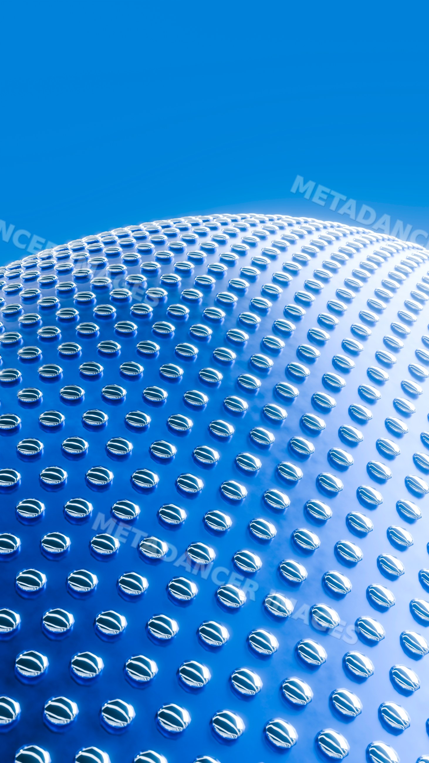 Curved blue metallic surface with reflective circular bumps