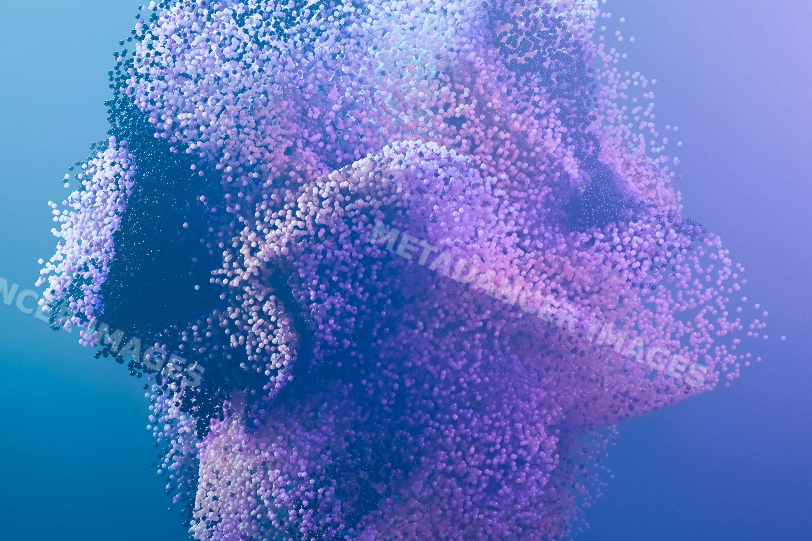 Digital abstract render of floating purple particles on blue gradient