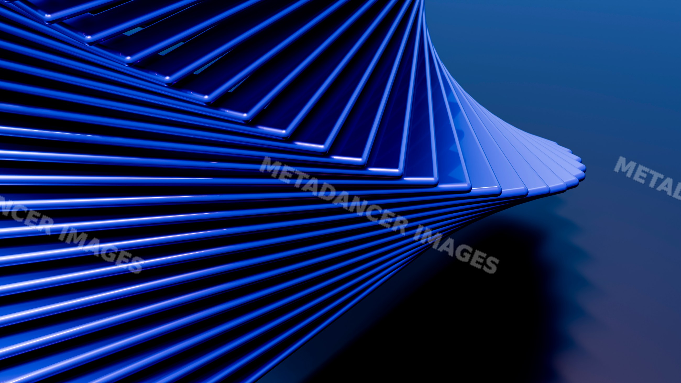 Blue abstract spiral sculpture with curved geometric lines