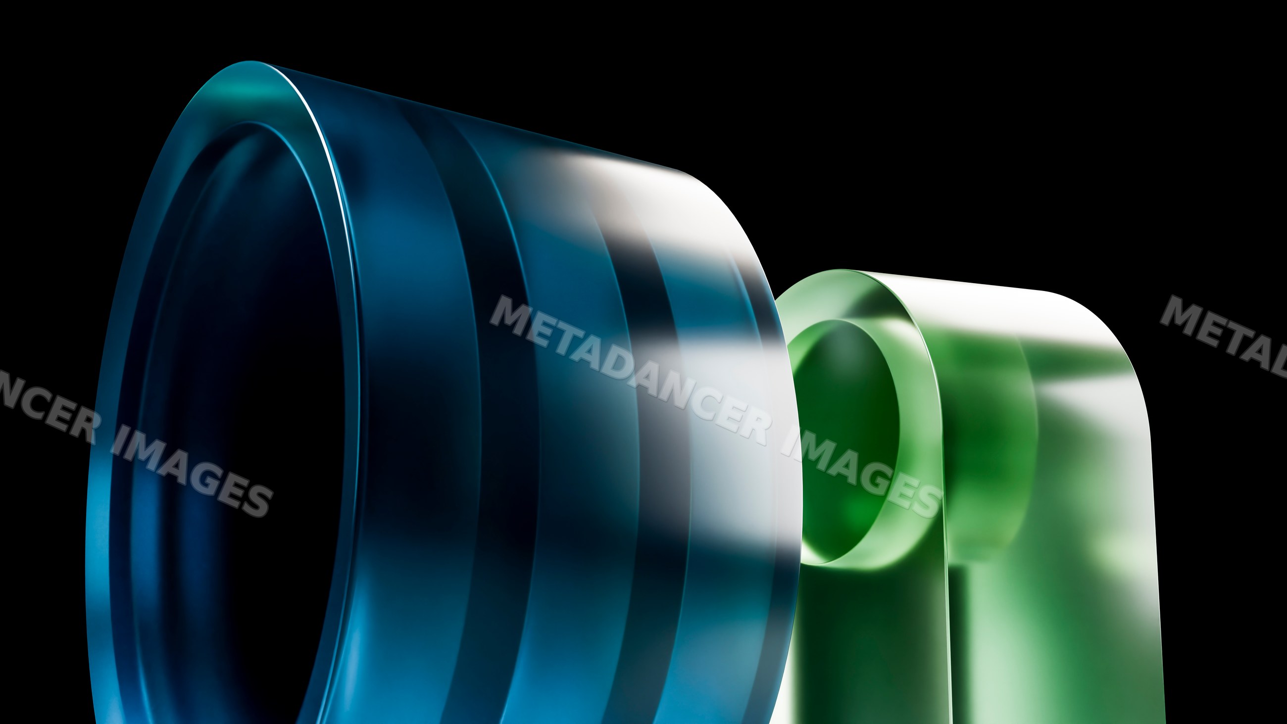 Blue and green translucent cylindrical shapes with smooth glossy
