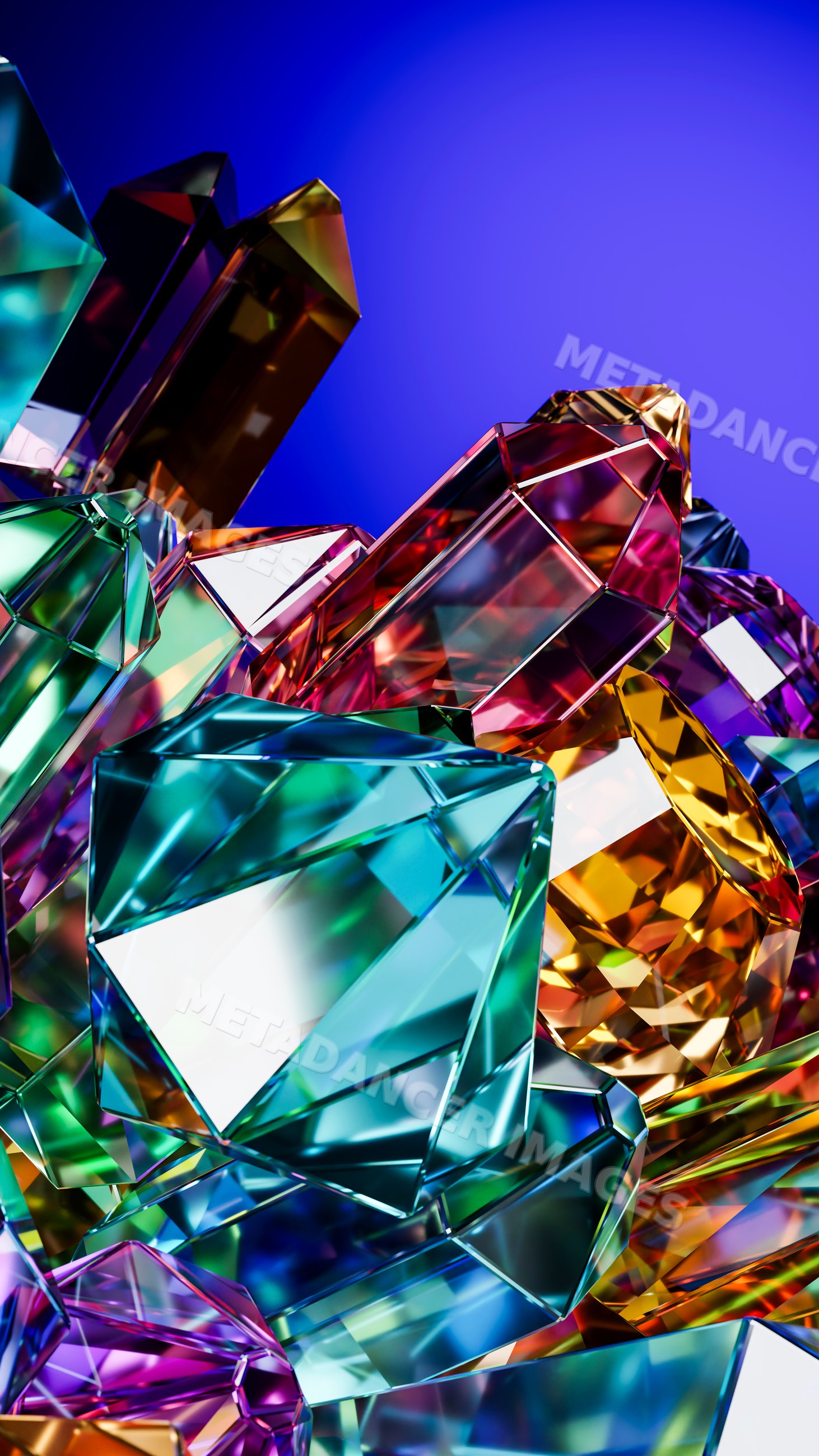Colorful faceted crystal cluster with reflections digital illustration