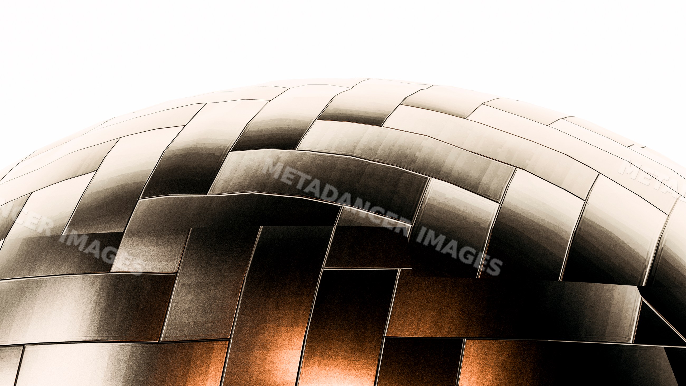 Curved metallic dome sculpture with geometric steel panels