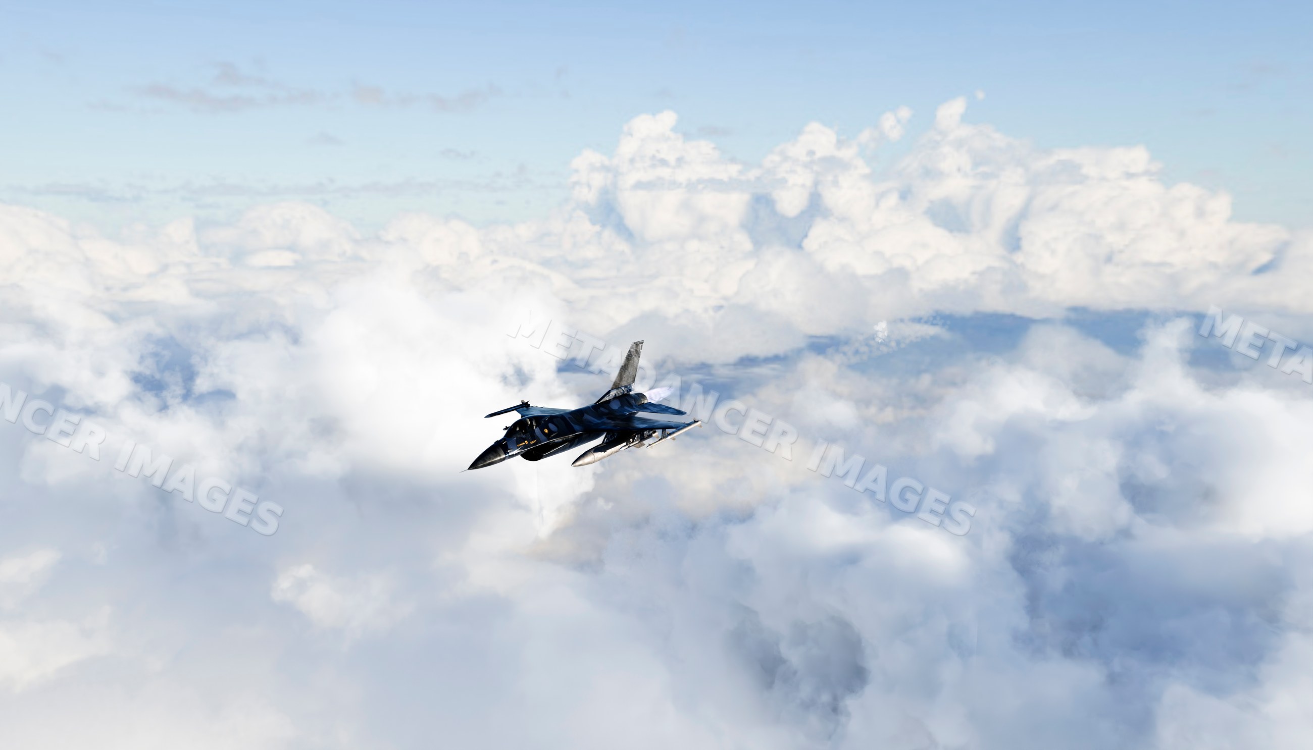 A fighter jet flies high above the clouds in a clear blue sky