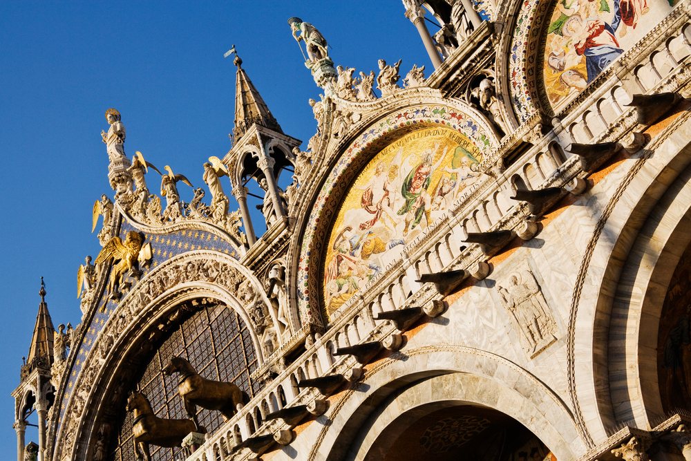 St. mark's cathedral facade with statues and mosaics in venice, italy