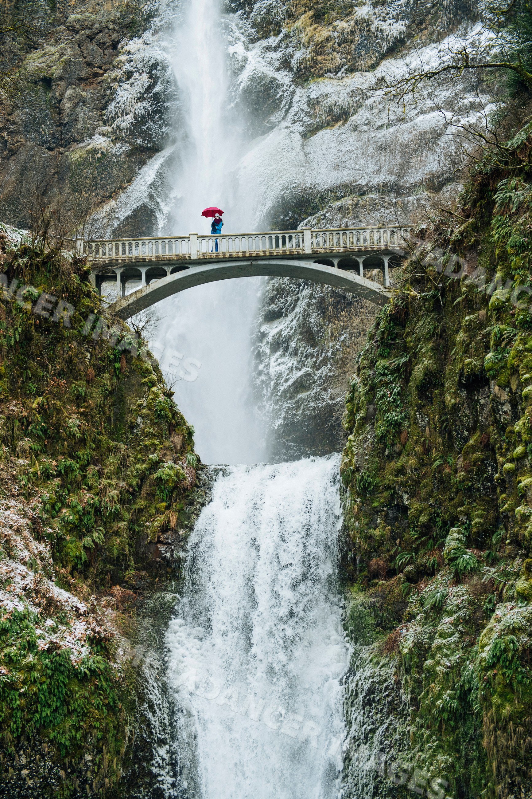 White person with umbrella standing on bridge over multnomah falls