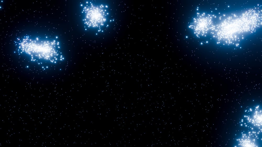 Glowing galaxy clusters in dark outer space with stars