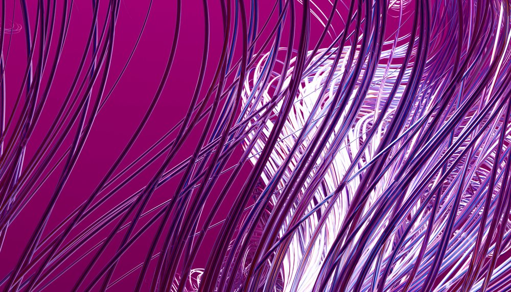 Abstract shiny metallic curved wires on purple background