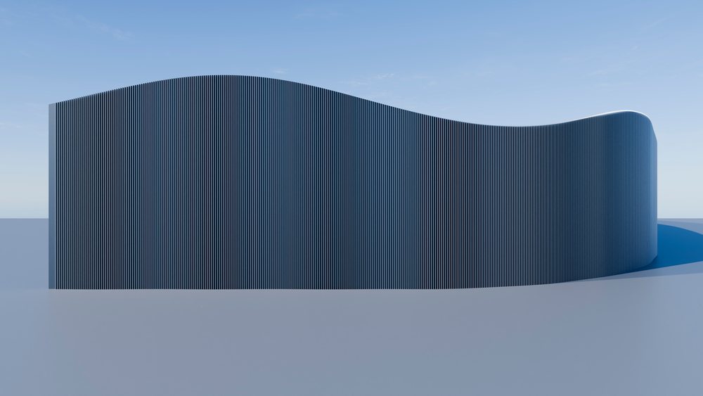 Modern curved building with vertical-lined blue facade
