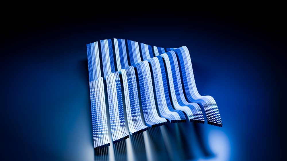 Abstract digital illustration of blue striped wave pattern ribbons
