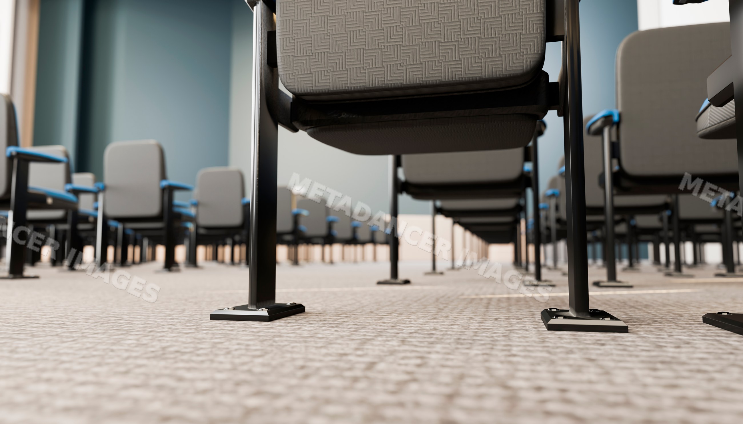 Conference chairs arranged in rows on carpeted floor in meeting room