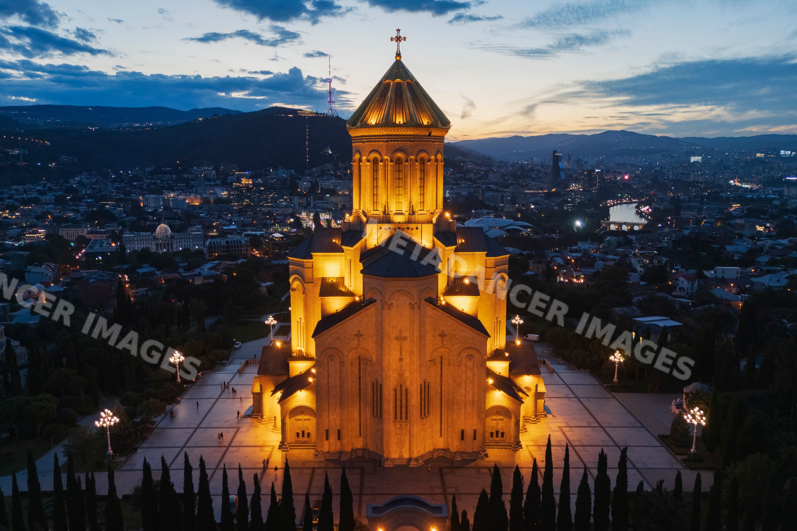Holy trinity cathedral of Tbilisi illuminated