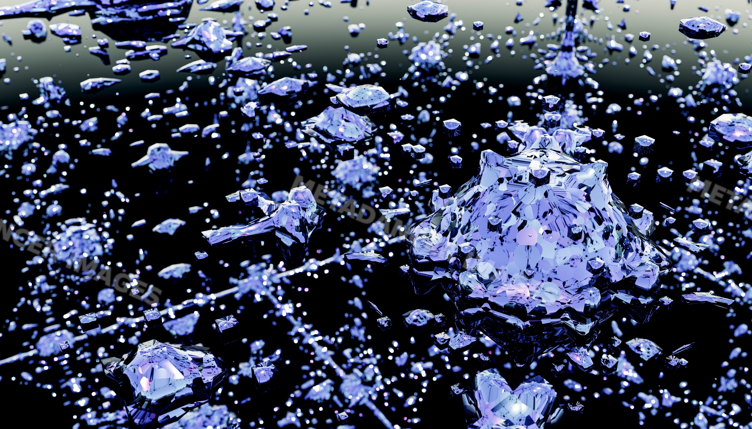 Blue floating crystal clusters with faceted surfaces on Black