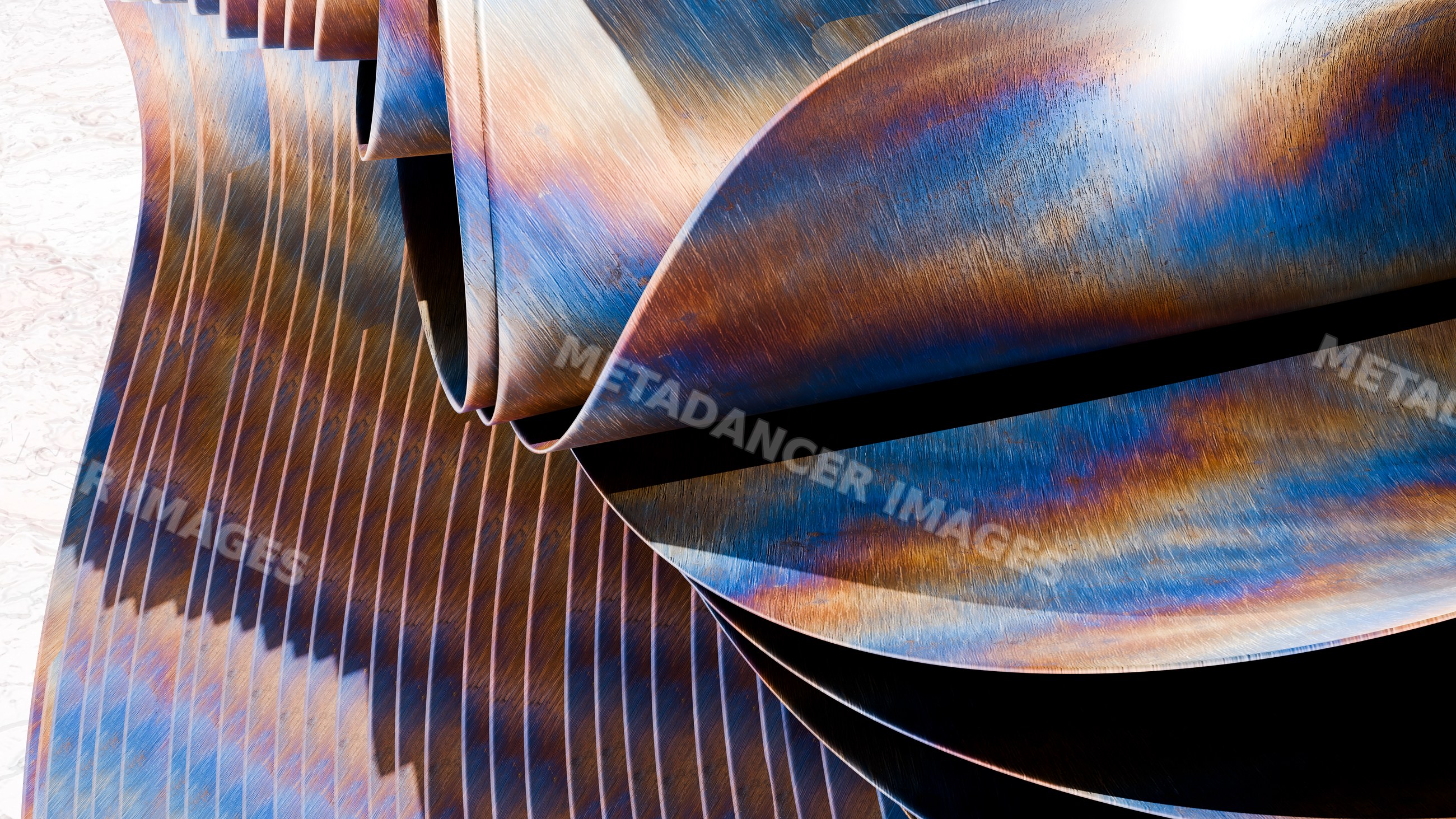 Folded rusted metal sheets with colorful oxidation patterns