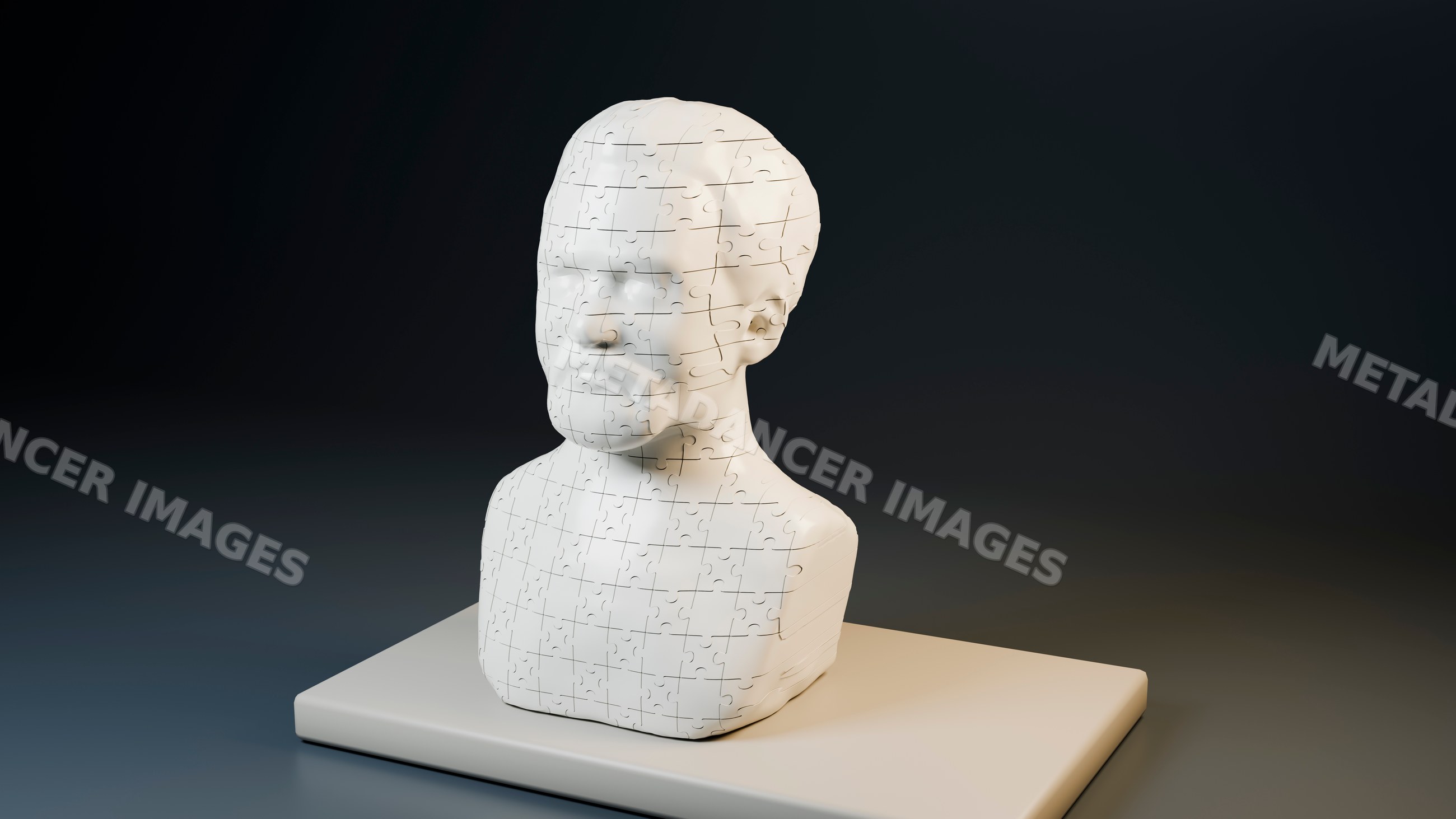 3d rendered white human head bust puzzle on rectangular base
