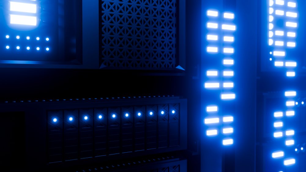 Server rack with blue led lights in a data center