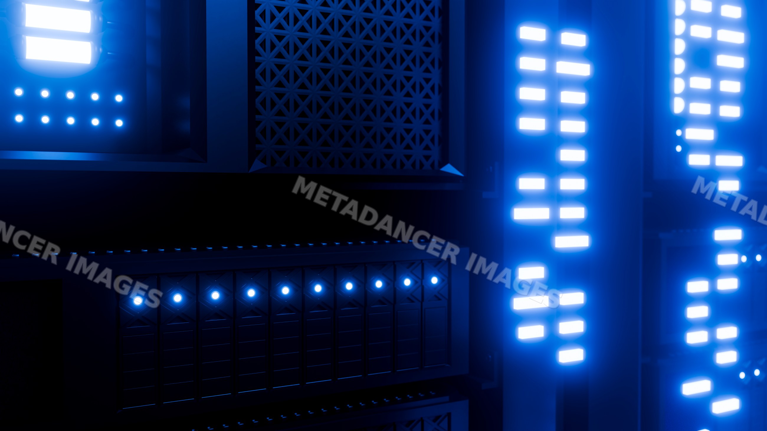 Server rack with blue led lights in a data center
