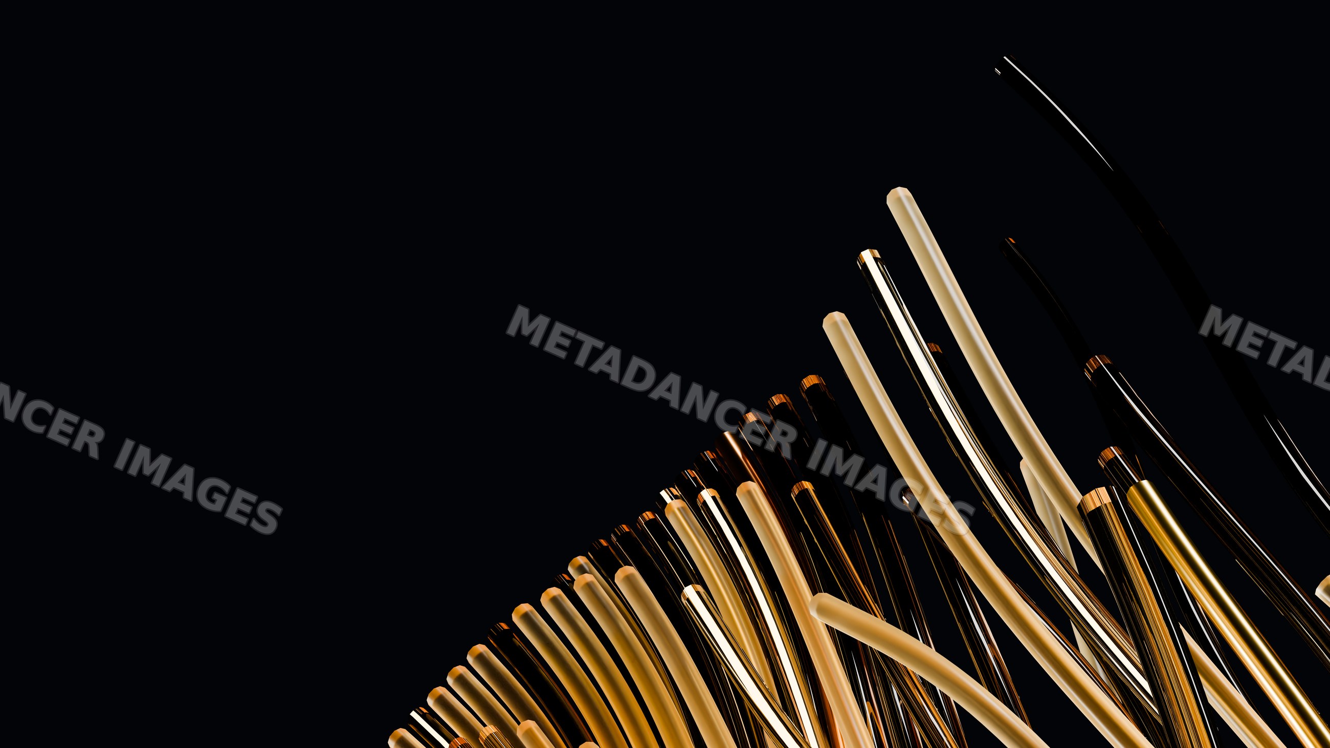 Abstract curved gold and beige tubes digital art on black background
