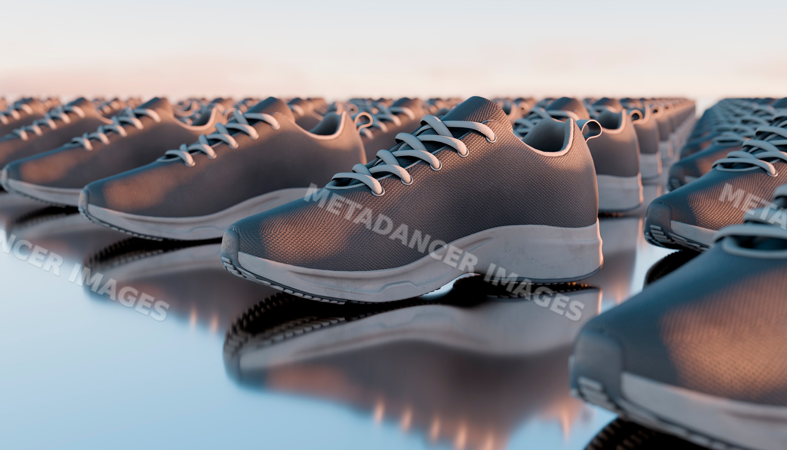 Rows of gray sneakers on reflective surface