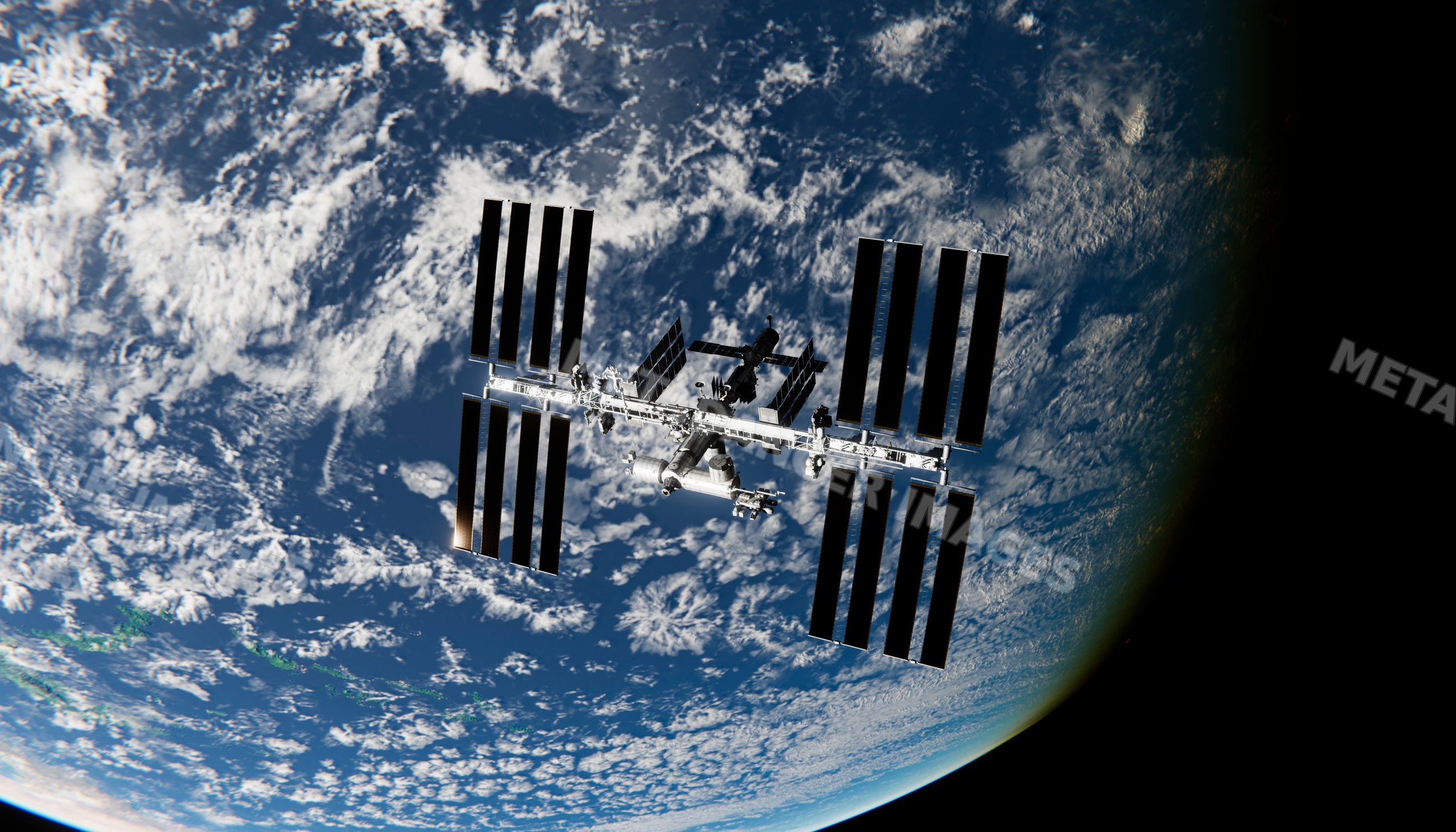 A space station orbits earth above clouds
