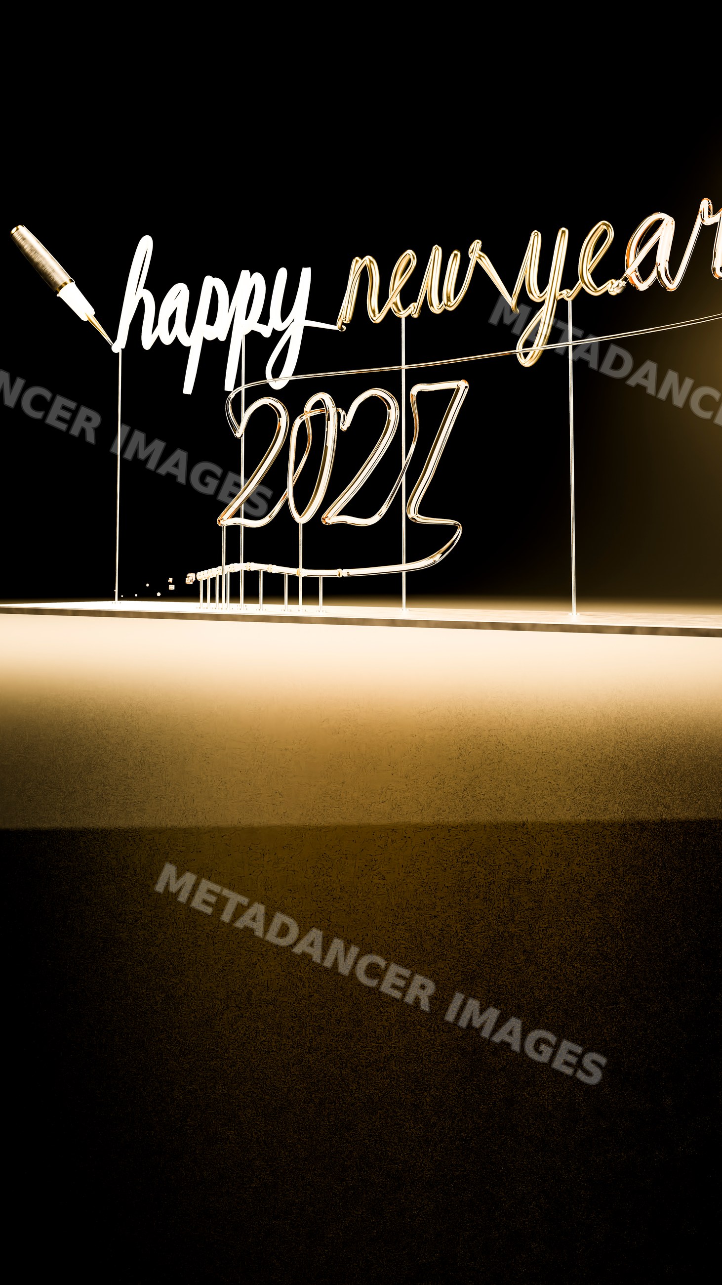 Wire sculpture spelling happy new year 2023 with pen