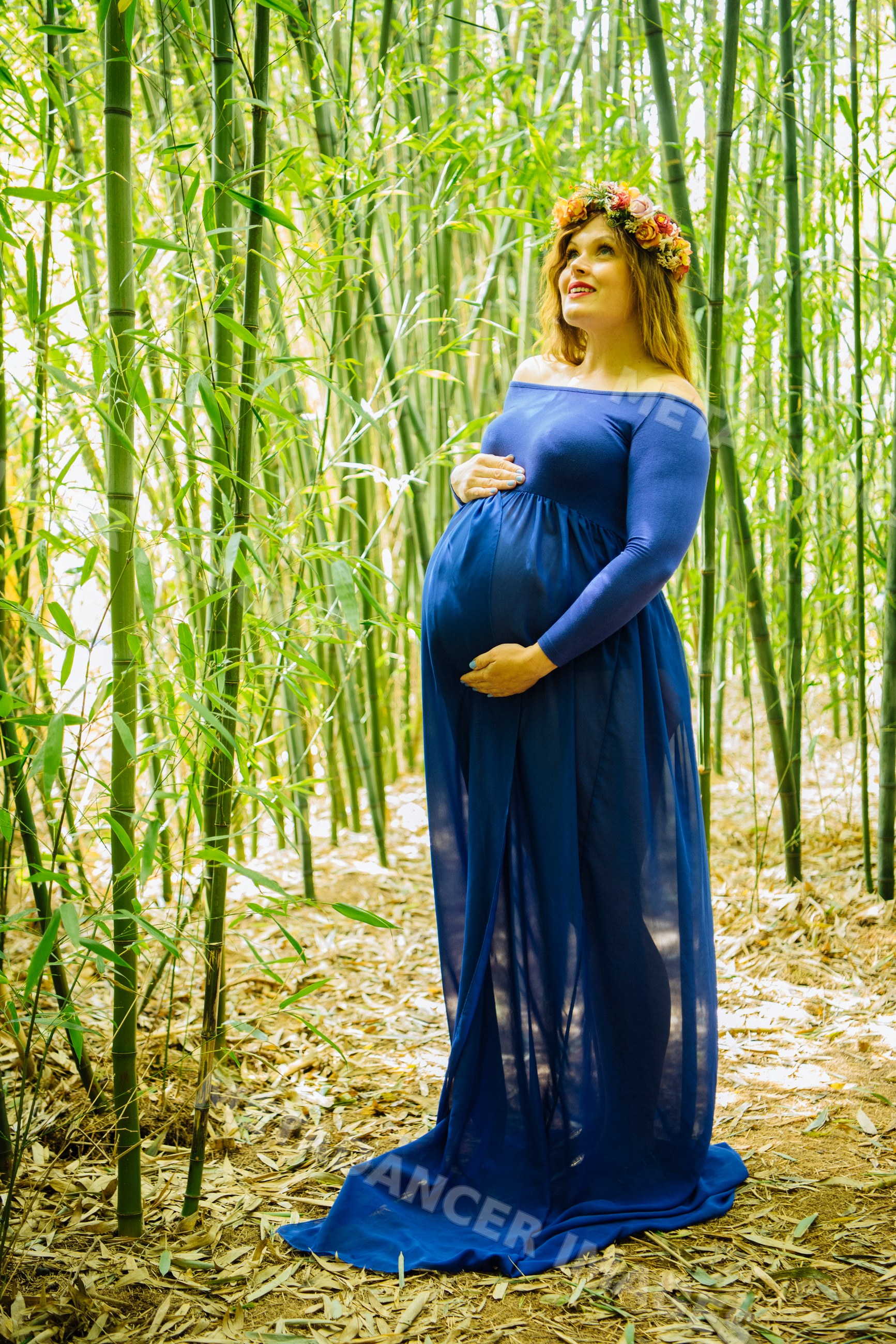 Pregnant white woman in blue dress standing in bamboo forest