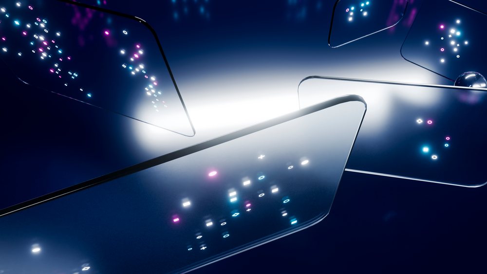 Floating transparent digital screens with glowing icons
