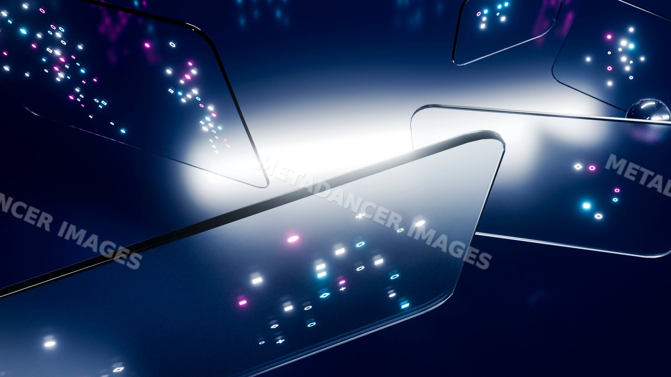 Floating transparent digital screens with glowing icons