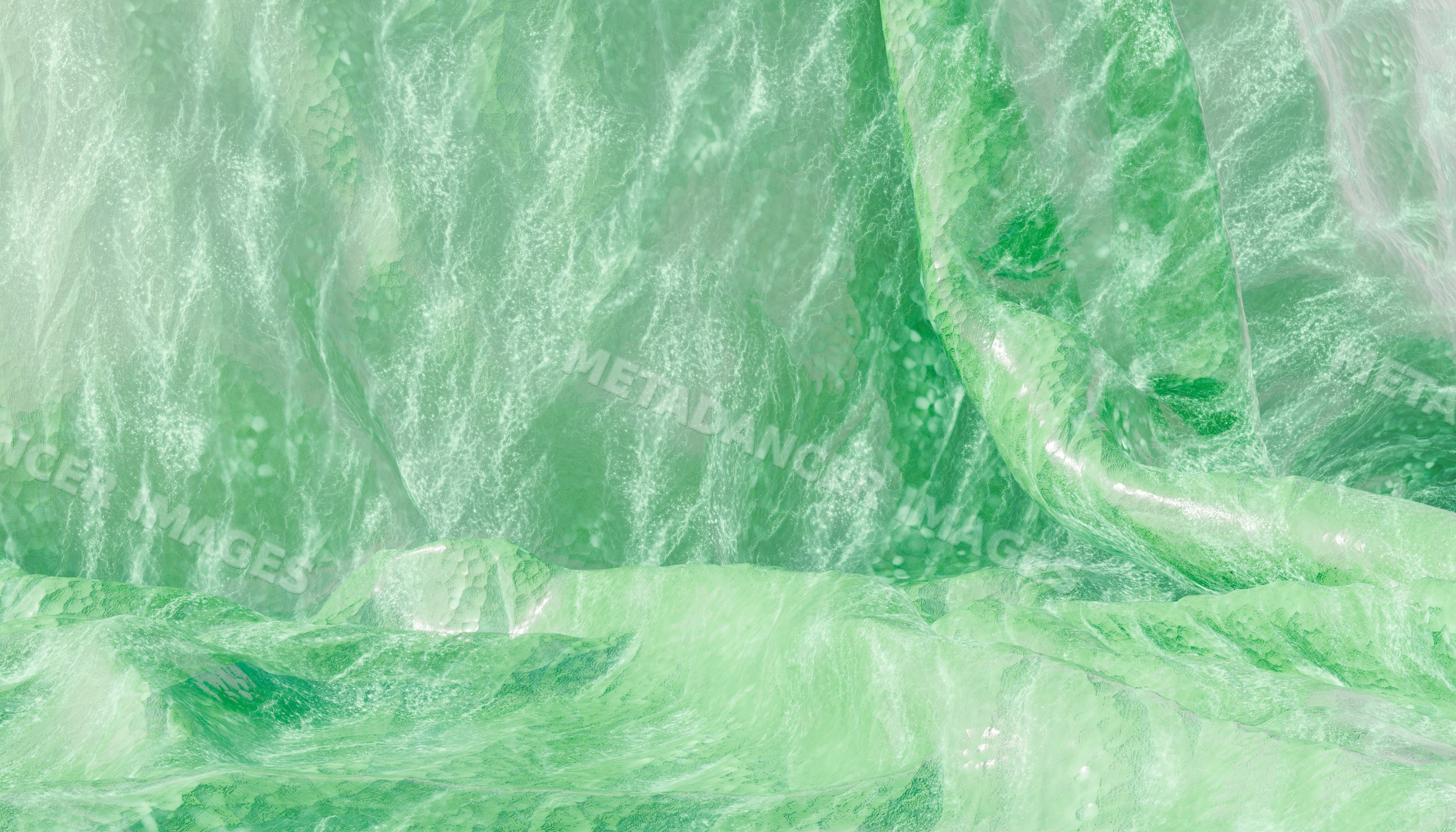 Close-up view of crumpled shiny green fabric with textured folds