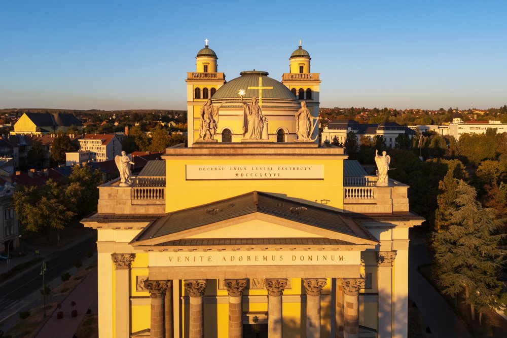 Cathedral basilica of st john the apostle in Eger Hungary at sunset