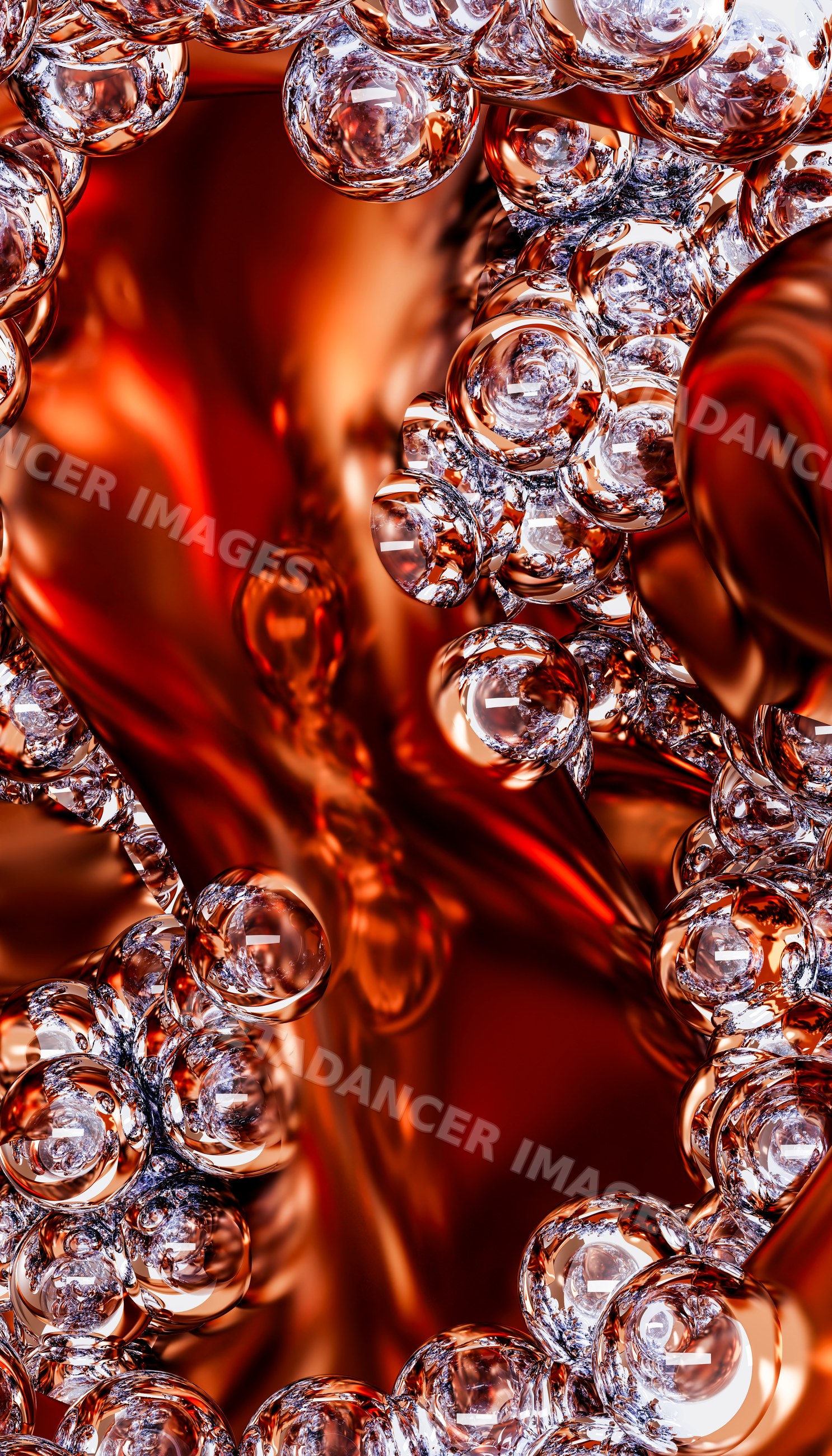 Transparent glass bubbles clustered amid flowing red and orange liquid