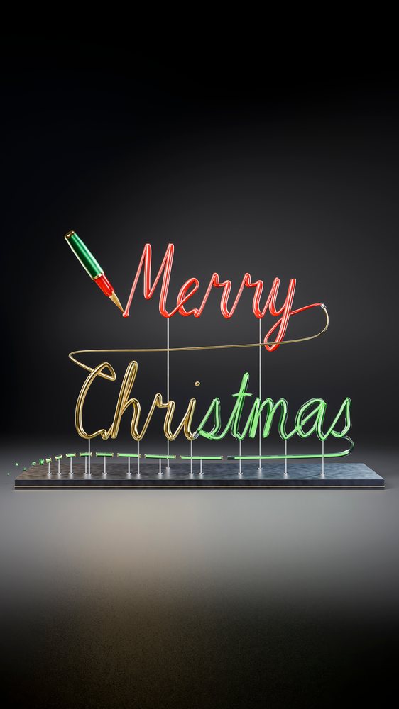 Neon sign displaying merry christmas in colorful glowing script